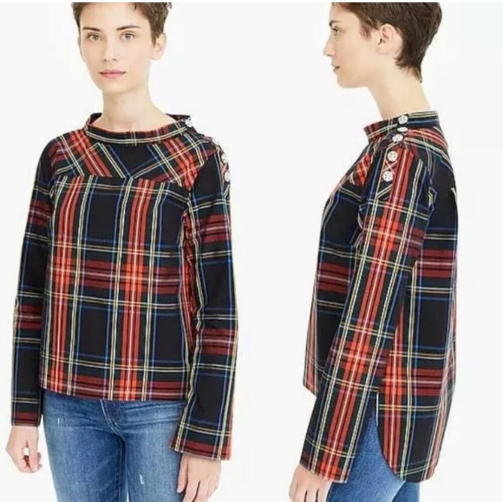J Crew Shirt Women's 24 Red Navy Plaid Jewel Button Long Sleeve Holiday Top